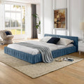 Ball & Cast Queen Size Low Bed Frame,Chenille Upholstered Platform Bed with Pleated Design Headboard,Grounded Floor Bed with Wood Slat Support,No Box Spring Needed,Dark Blue