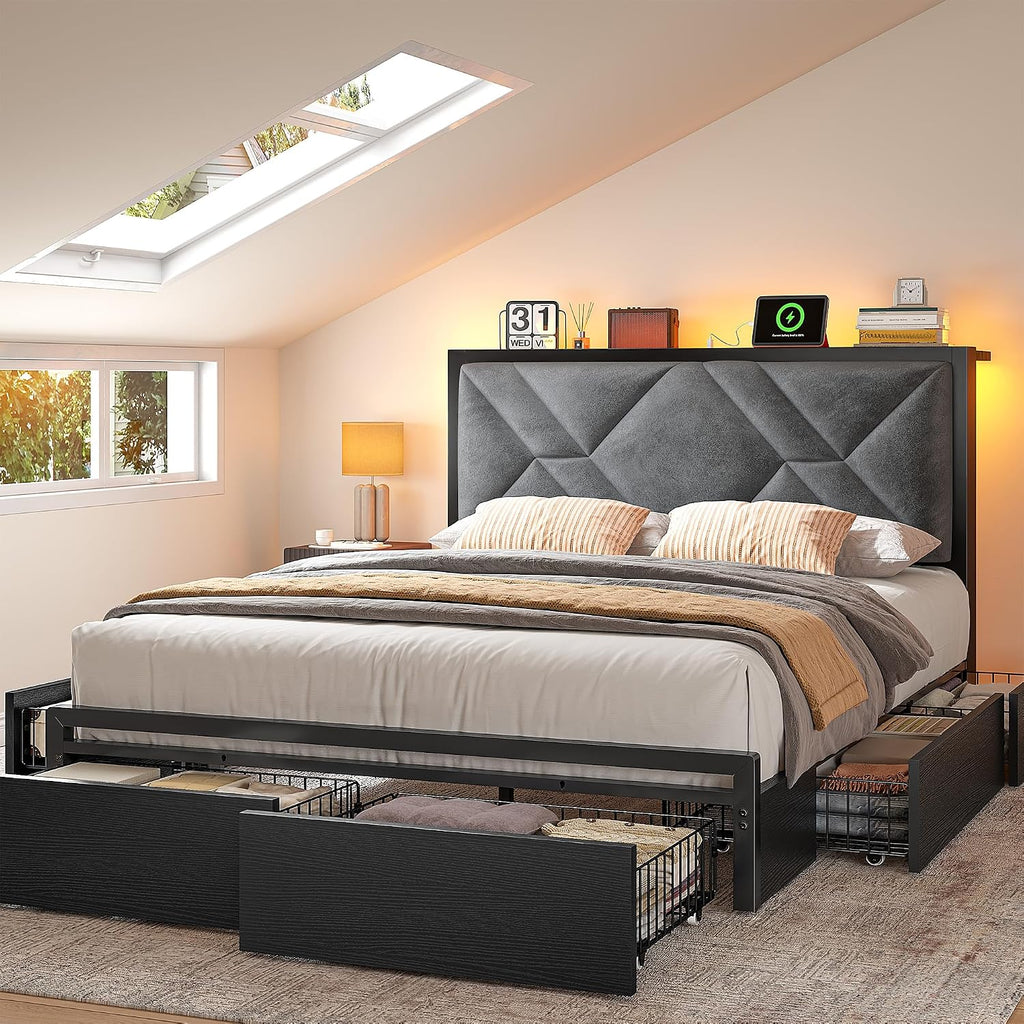 EnHomee Full Size Bed Frame with 6 Storage Drawers and LED Lights,Metal Bed Frame with Upholstered Headboard and Charging Station,NO Noise,Easy Assembly, Black