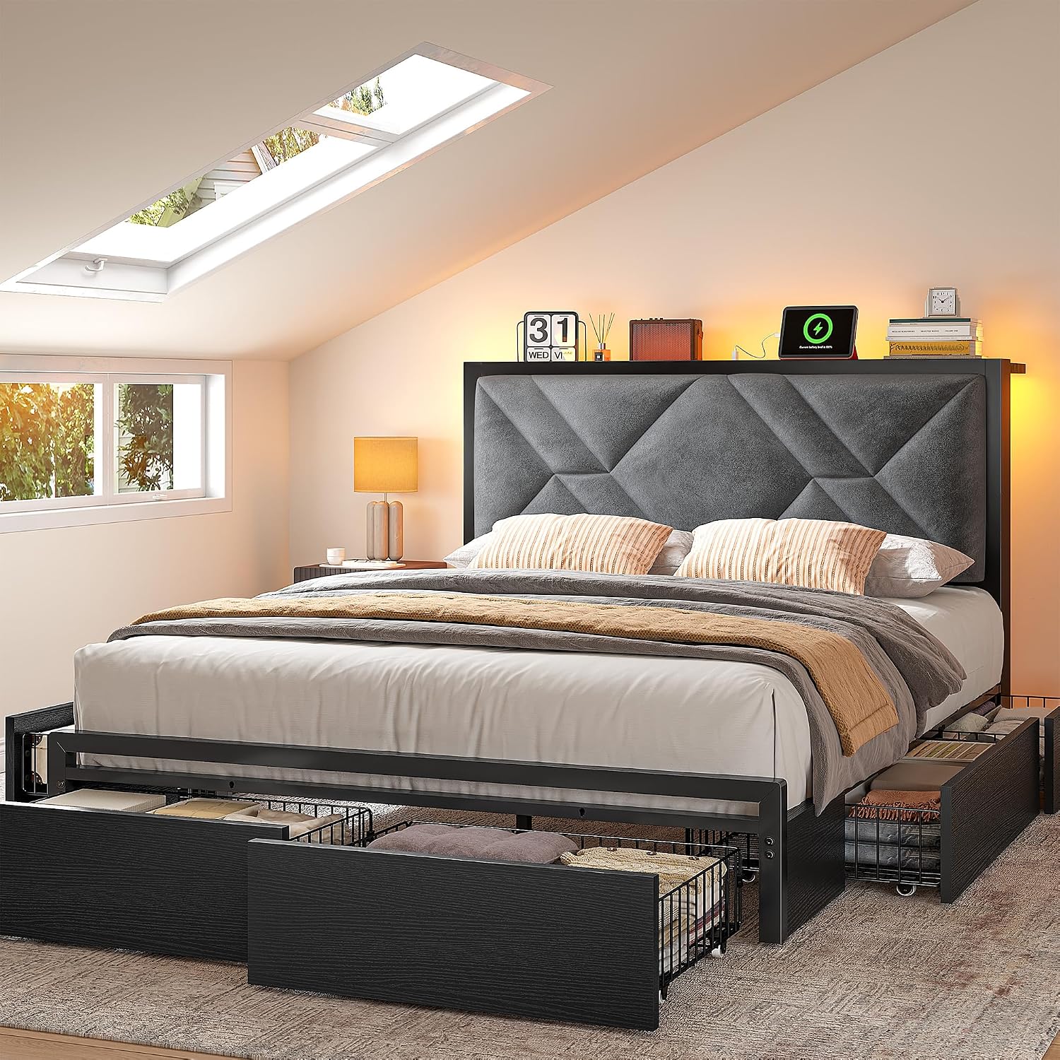 EnHomee Full Size Bed Frame with 6 Storage Drawers and LED Lights,Metal Bed Frame with Upholstered Headboard and Charging Station,NO Noise,Easy Assembly, Black