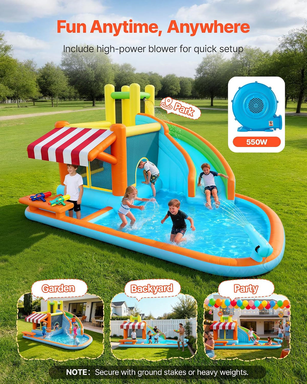 VEVOR Inflatable Pretend Market Bounce House with Blower Large 6-in-1 Kids Water Slide Castle with Splash Pool Climbing Wall Play Booth & Bounce Area for Kids