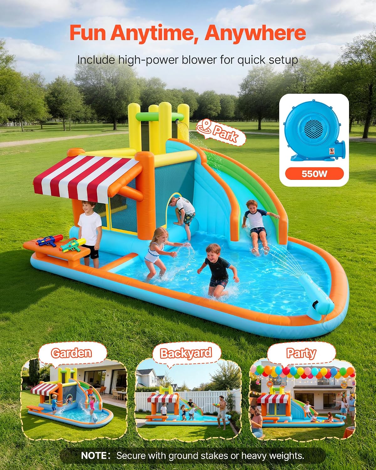 VEVOR Inflatable Pretend Market Bounce House with Blower Large 6-in-1 Kids Water Slide Castle with Splash Pool Climbing Wall Play Booth & Bounce Area for Kids