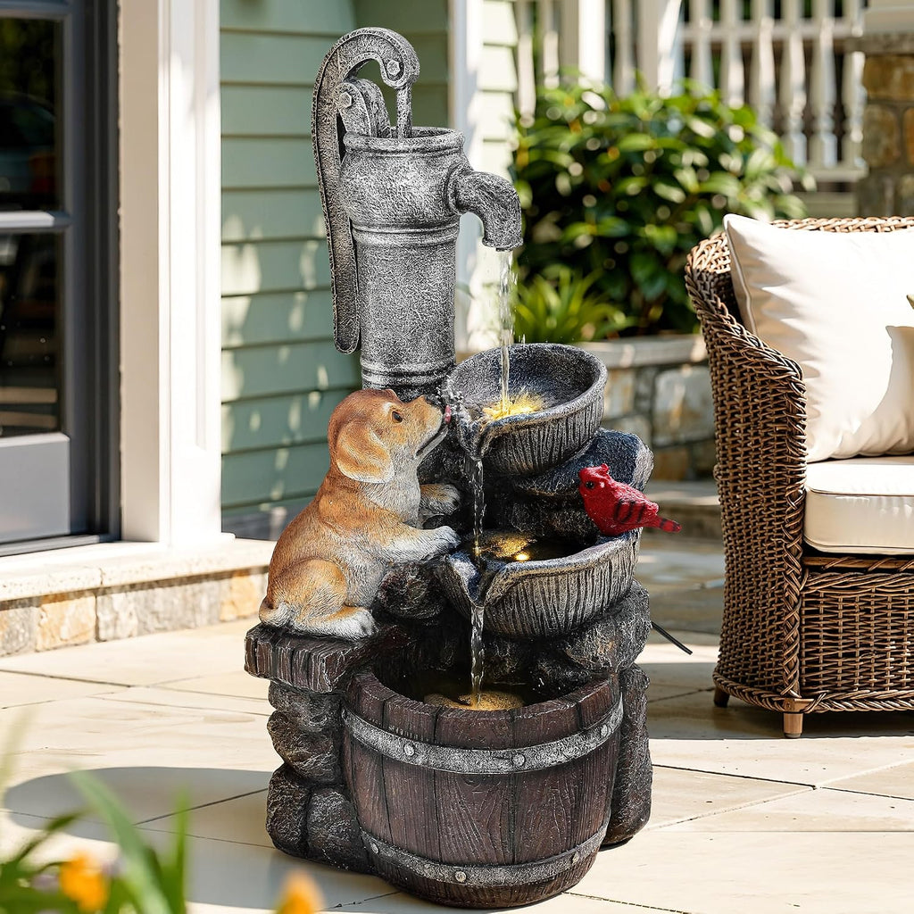 30' Puppy & Red Bird Outdoor Fountain, 3-Tier Pastoral Water Feature with LED Lights, Resin Two Bowls & Wooden Barrel Soothing Cascading Waterfall for Patio, Backyard, Garden