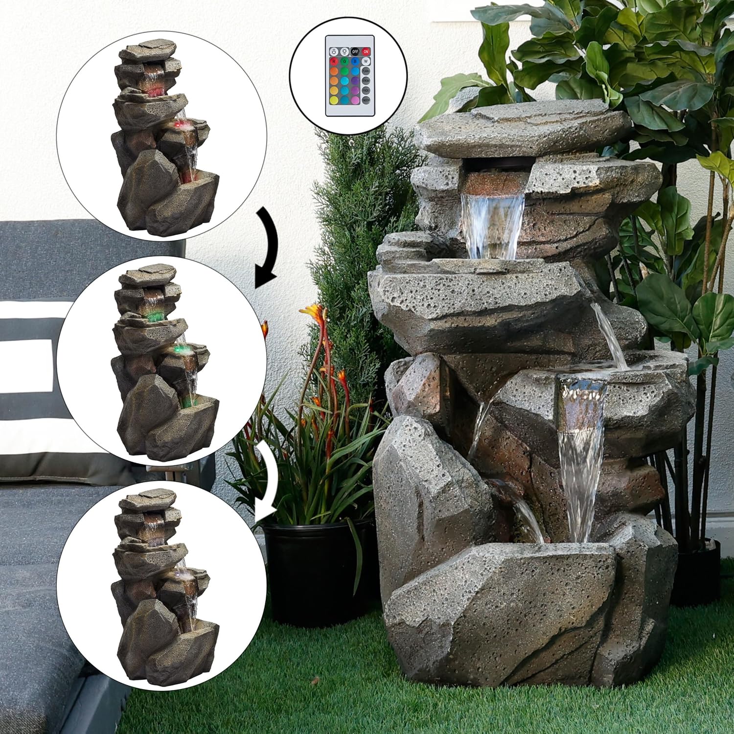 Alpine Corporation 40' Tall Outdoor Multitiered Rock Waterfall Floor Fountain with LED Lights, Natural Stone Look, Cascading Water Feature for Gardens, Patios, and Yards, Gray