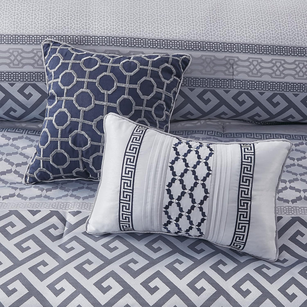 Madison Park Luxury Comforter Set-Traditional Jacquard Design All Season Down Alternative Bedding, Matching Bedskirt, Decorative Pillows, Queen (90'x90'), Bennett, Geometric Navy 7 Piece