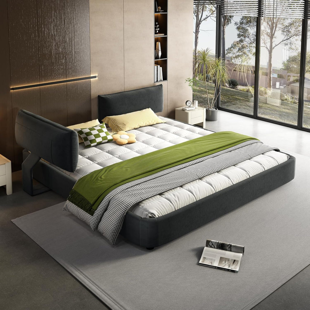 King Size Upholstered Platform Bed, Chenille Cloud Bed Frame with Oversized Padded Movable Headboard, Round Corner, Metal + Solid Wooden Slat Double Support, No Box Spring Needed (Dark Grey-65)