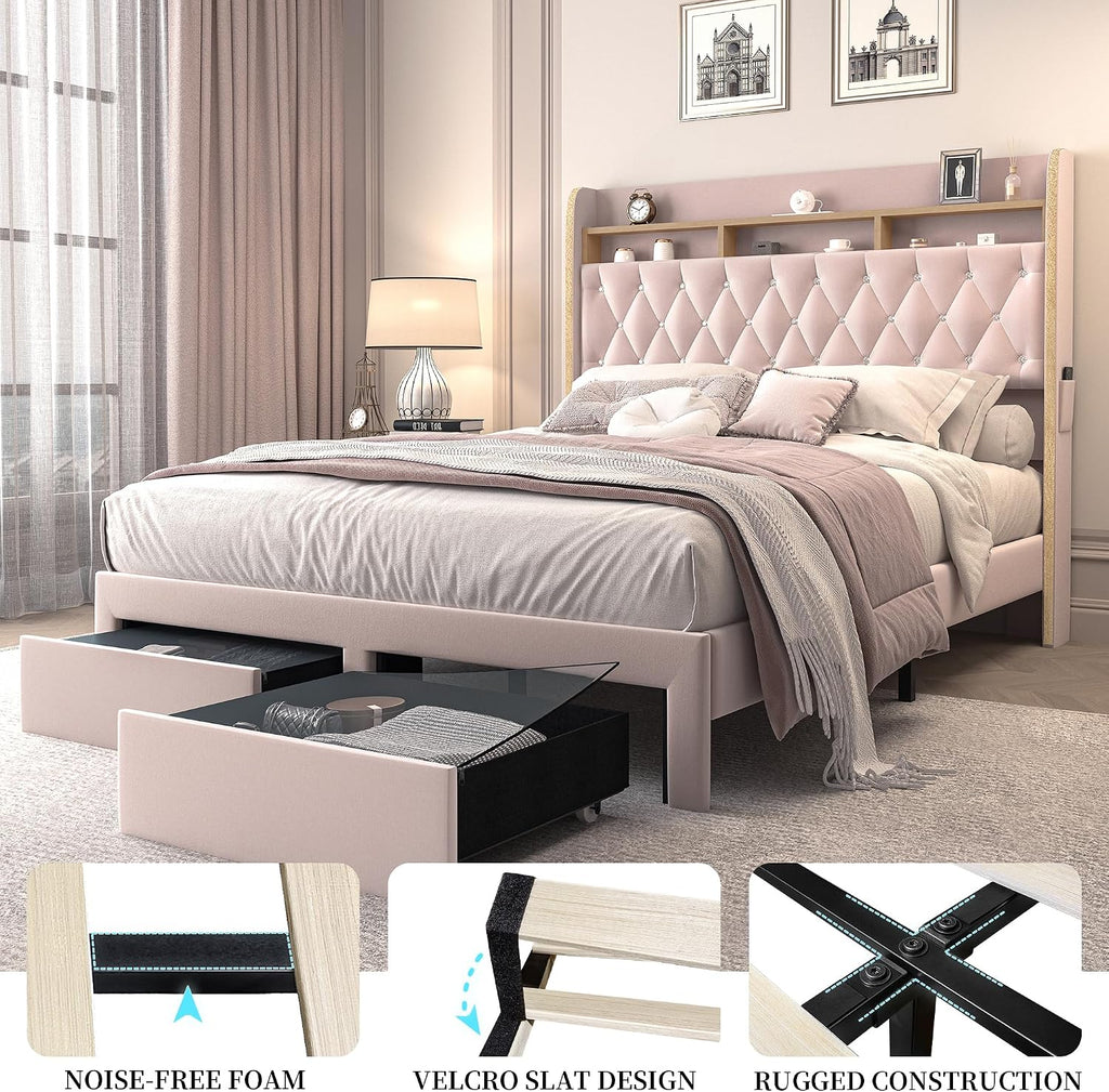 SIBEDS Full LED Bed Frame with Storage Drawers, Velvet Upholstered Platform Beds with Galaxy Star Projector Charging Station Speaker, Aurora Bedframe with 2-Tier Storage Headboard, Noise-Free, Pink