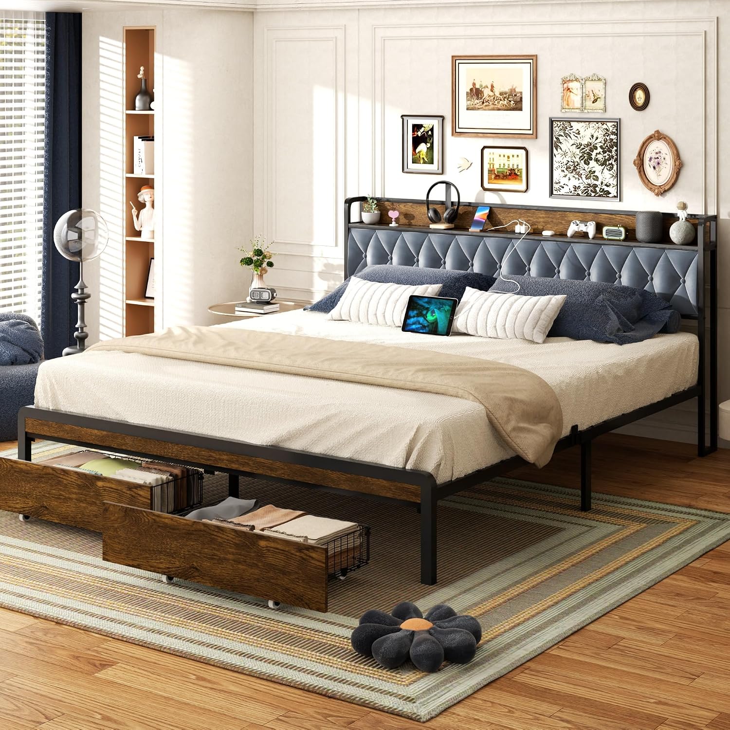 Sismplly King Size Metal Platform Bed Frame with 2 Storage Drawers & LED Light, Upholstered Headboard with Charging Station, No Box Spring Needed, Brown Wood Panel