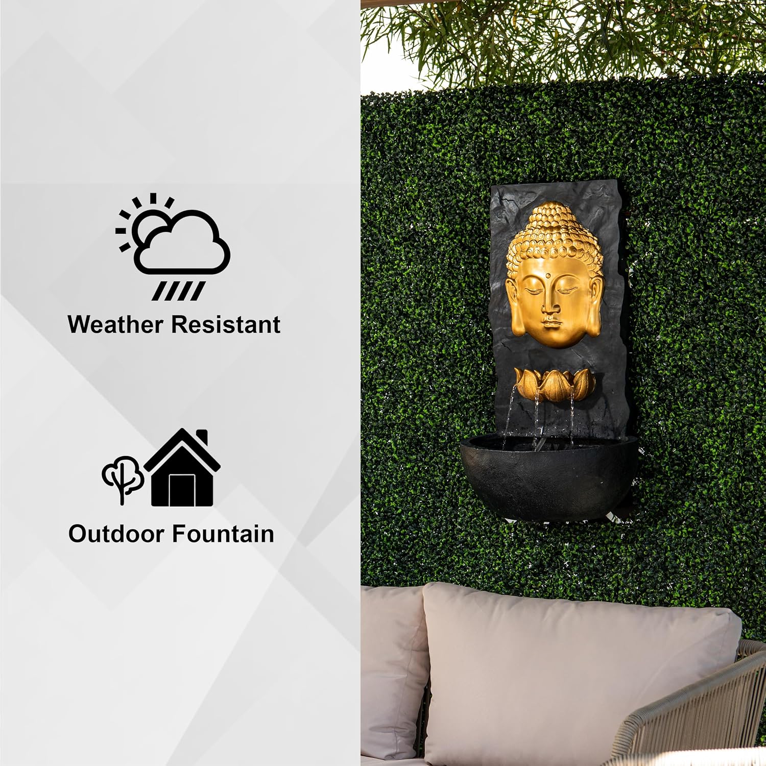 XBrand 30 in H Fiber Resin Wall Buddha Zen Outdoor Garden Water Fountain w/Warm LED Light, Gold