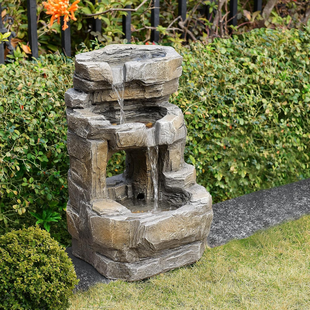 Kalona Outdoor Waterfall Fountain with LED Lights - 3-Tier Resin Rock Water Feature for Garden Patio Backyard, 21.5' Tall Fountain Decor 24392