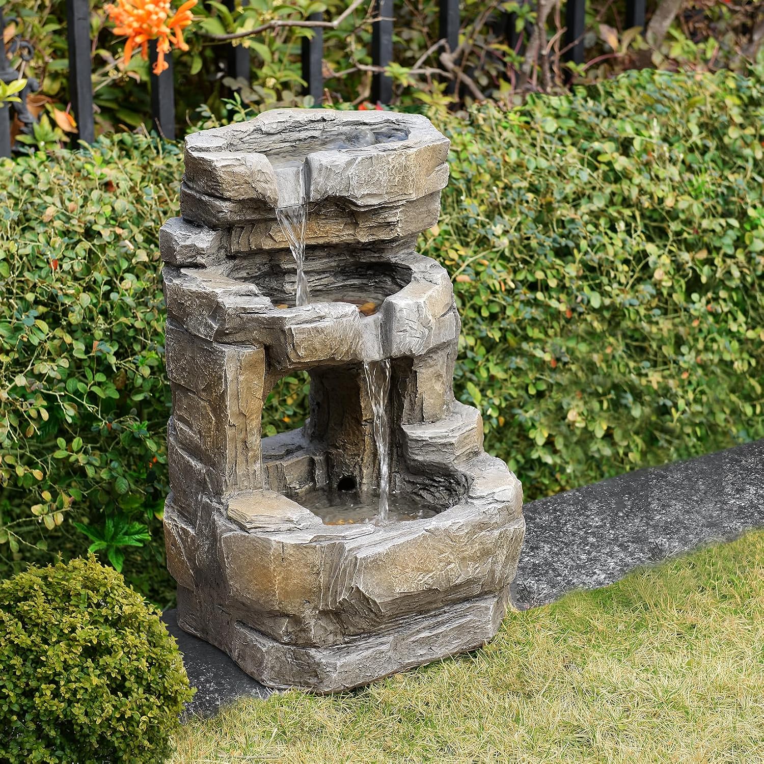 Kalona Outdoor Waterfall Fountain with LED Lights - 3-Tier Resin Rock Water Feature for Garden Patio Backyard, 21.5' Tall Fountain Decor 24392