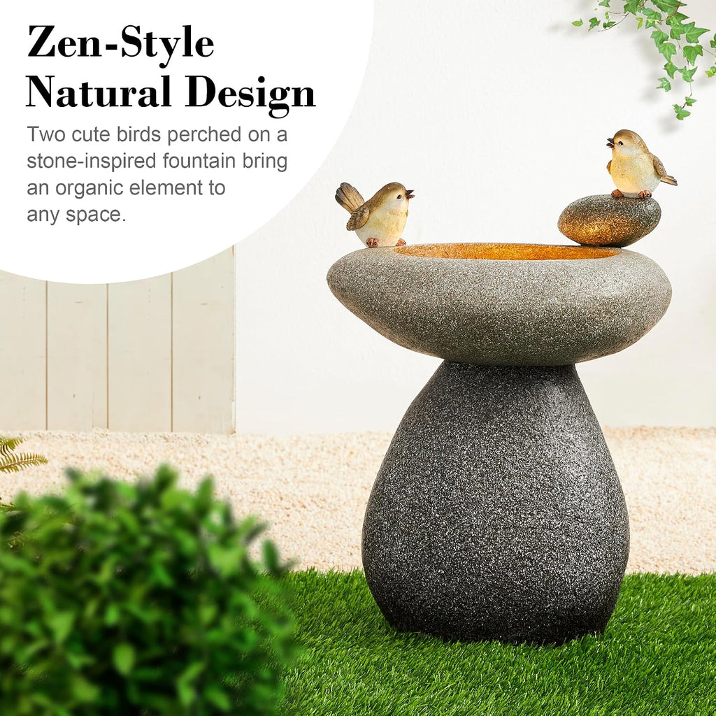 Glitzhome 20.75' H Water Fountain with LED Light and Pump, Zen Style Faux Stone Texture Birdbath Outdoor Fountains with Birds Decor, Floor Fountain for Porch Deck Patio Backyard