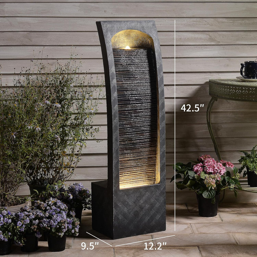 Bumilgar Indoor Water Fountain Curved Faux Slate Outdoor Waterfall Fountains Floor Standing Tiered Rock with LED Lights and Pump for Garden, Backyard, Deck, Patio, Porch and Home Art Decor