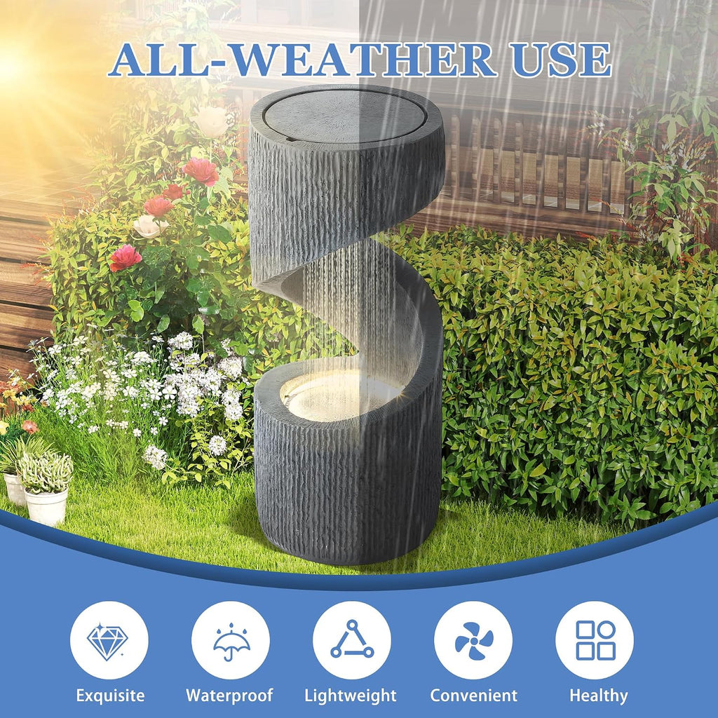 31.9' Outdoor Garden Water Fountain, S-Shaped Cascading Fountains and Waterfalls with LED Lights & Splash-Proof Net, Indoor/Outdoor Floor Standing Water Feature for Patio, Backyard, Home Decor