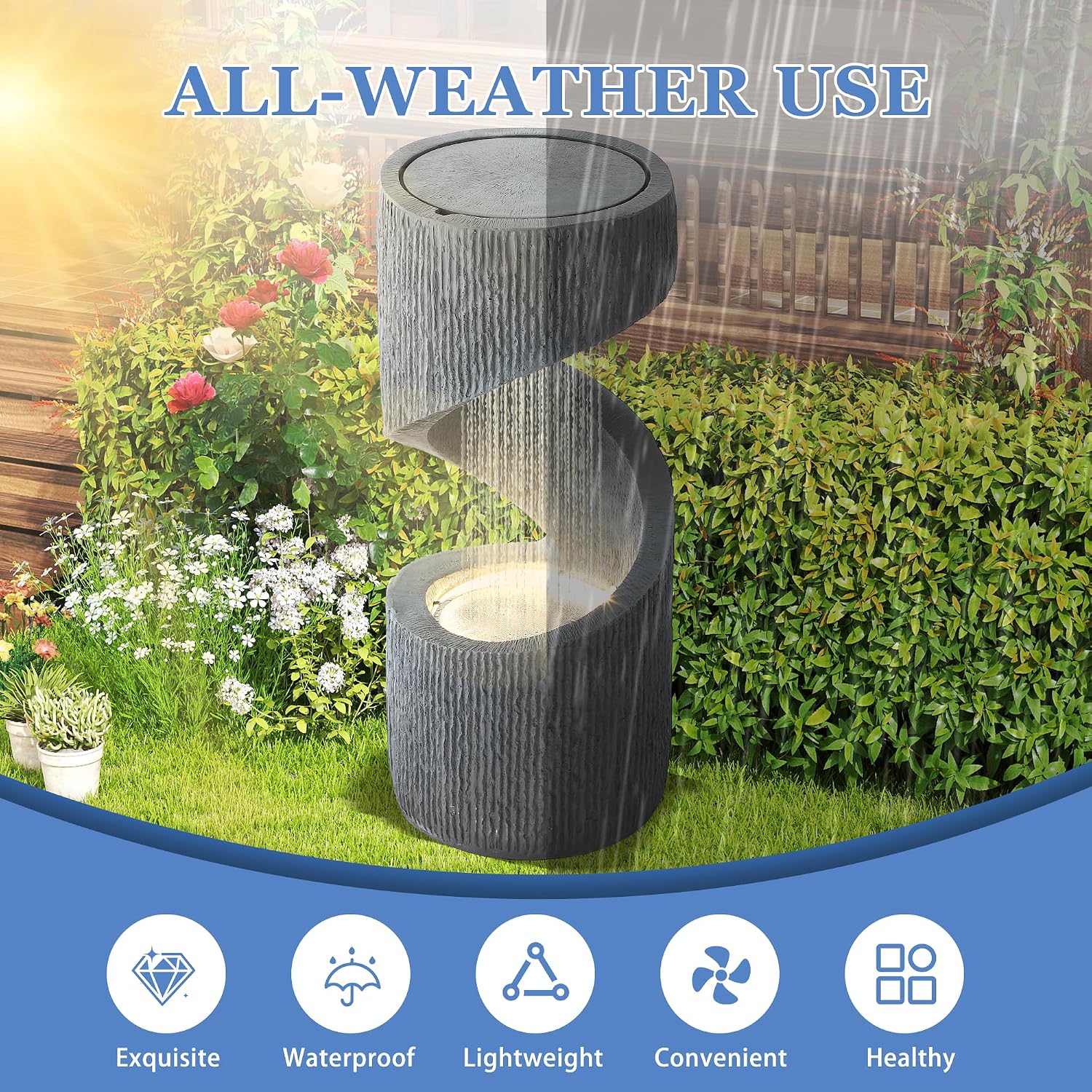 31.9' Outdoor Garden Water Fountain, S-Shaped Cascading Fountains and Waterfalls with LED Lights & Splash-Proof Net, Indoor/Outdoor Floor Standing Water Feature for Patio, Backyard, Home Decor