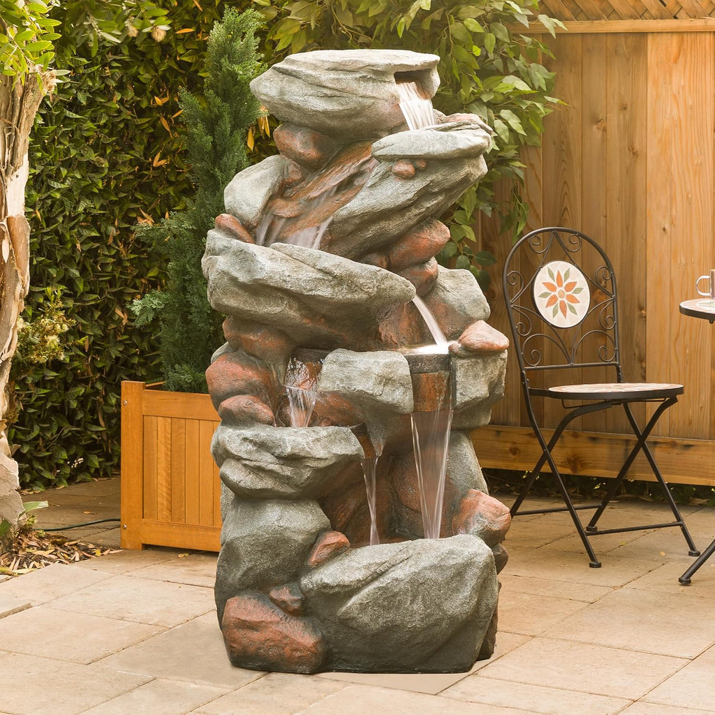 Alpine Corporation WIN1548 Outdoor Floor Cascading Stone Fountain with LED Lights, Tiered Garden Water Fountain, 53' H, Gray