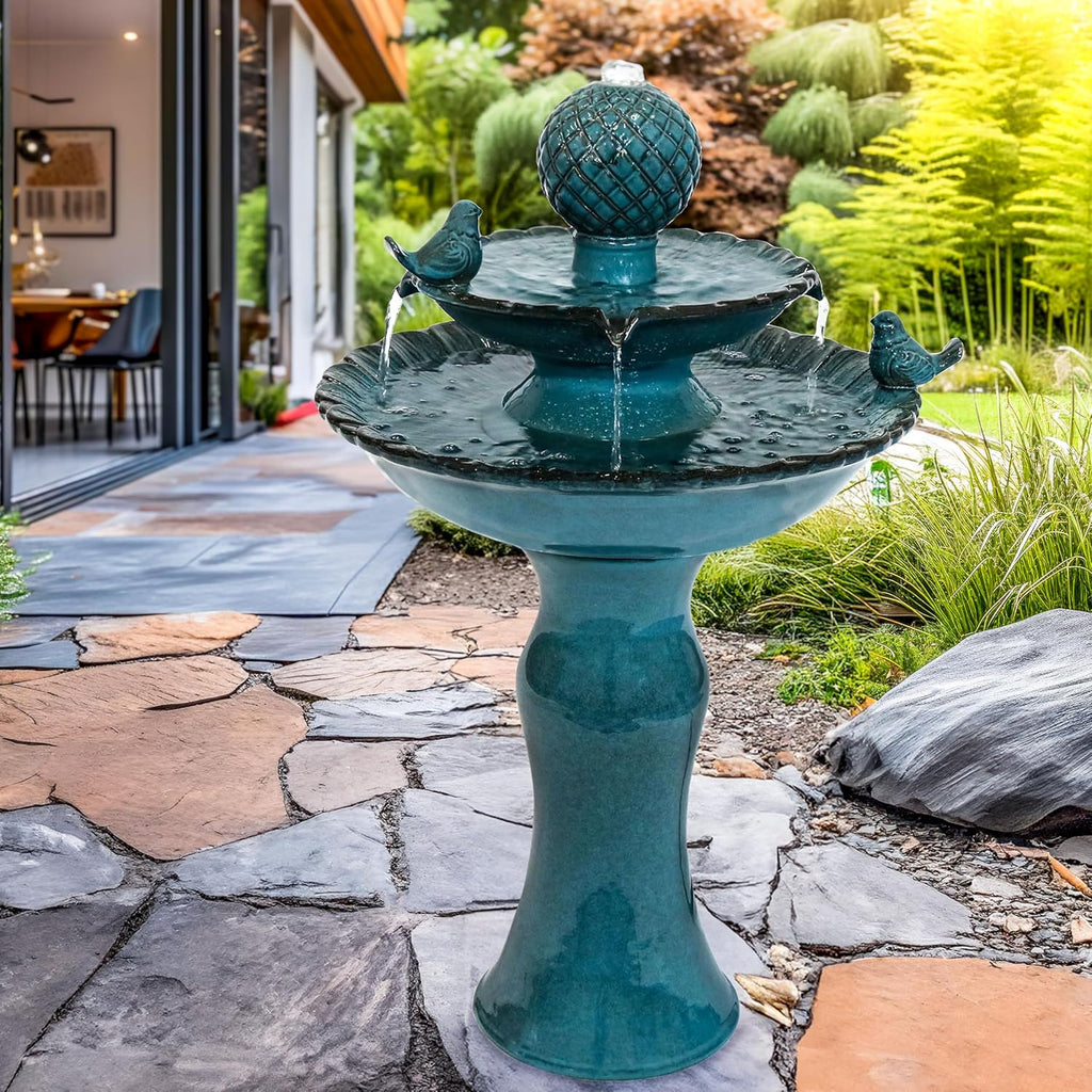 Sunnydaze 27' H 2-Tier Ceramic Water Fountain - Outdoor Water Feature for Patio, Yard, Balcony - Garden Fountain - Blue