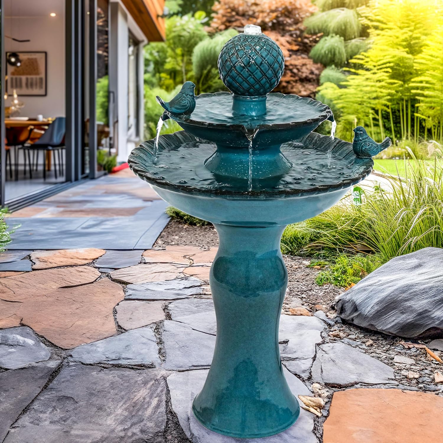 Sunnydaze 27' H 2-Tier Ceramic Water Fountain - Outdoor Water Feature for Patio, Yard, Balcony - Garden Fountain - Blue