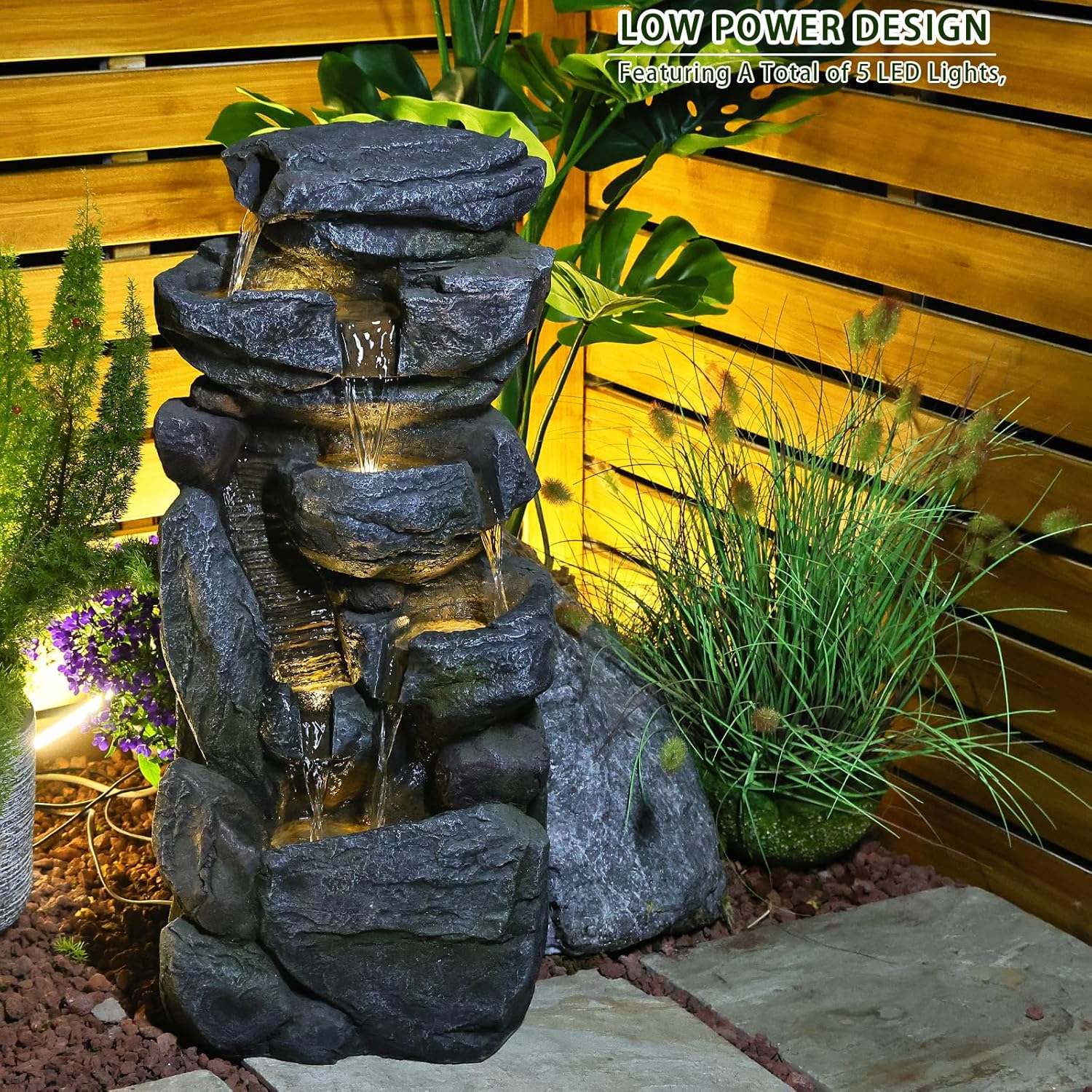 Bumilgar Water Features Outdoor Patio 6-Tier Cascading Rock Water Fountain 31.5''Water Fall Fountain Outside Resin Fountain with Light Mossy Rock Floor Garden Fountain Indoor for Relaxation Home Decor