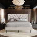 Queen Platform Bed Frame with Chevron-Stitched Wingback Headboard, Velvet Upholstery, No Box Spring Needed, Easy Assembly, Beige