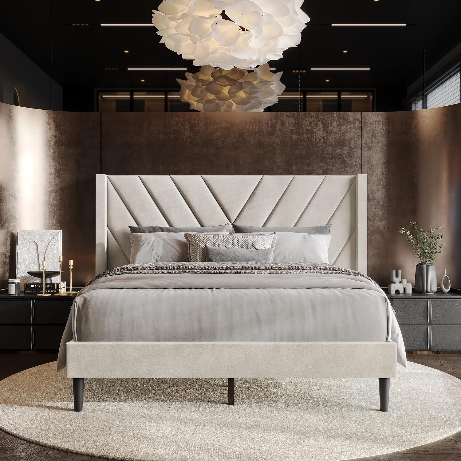 Queen Platform Bed Frame with Chevron-Stitched Wingback Headboard, Velvet Upholstery, No Box Spring Needed, Easy Assembly, Beige