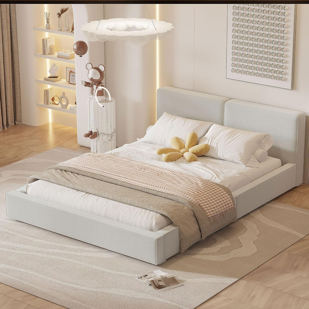 Queen Size Upholstered Platform Bed with Velvet Fabric Headboard, Solid Wood Grounded Bed Frame with Slats Support for Bedroom, Easy Assembly,No Box Spring Needed (Beige-173J)