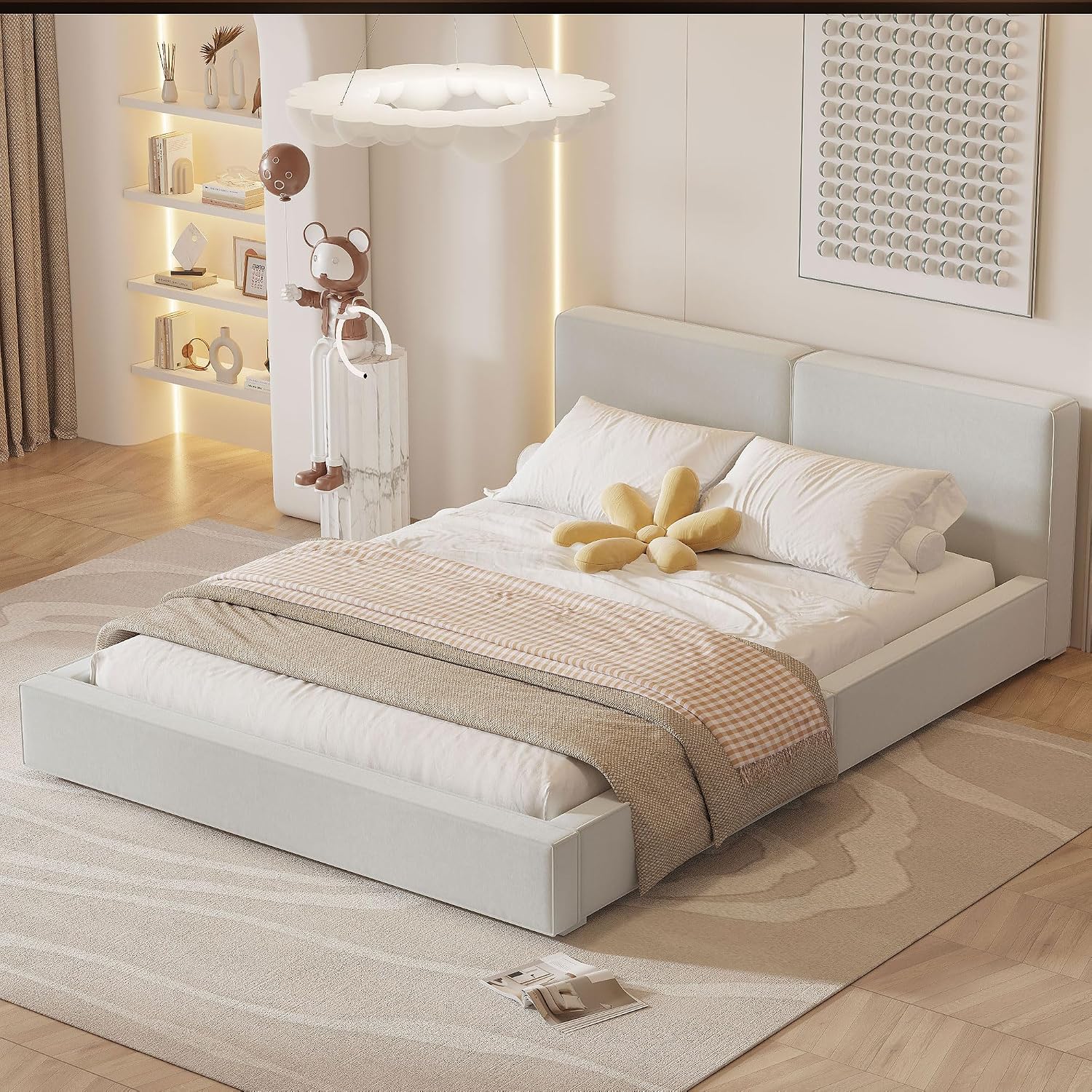 Queen Size Upholstered Platform Bed with Velvet Fabric Headboard, Solid Wood Grounded Bed Frame with Slats Support for Bedroom, Easy Assembly,No Box Spring Needed (Beige-173J)