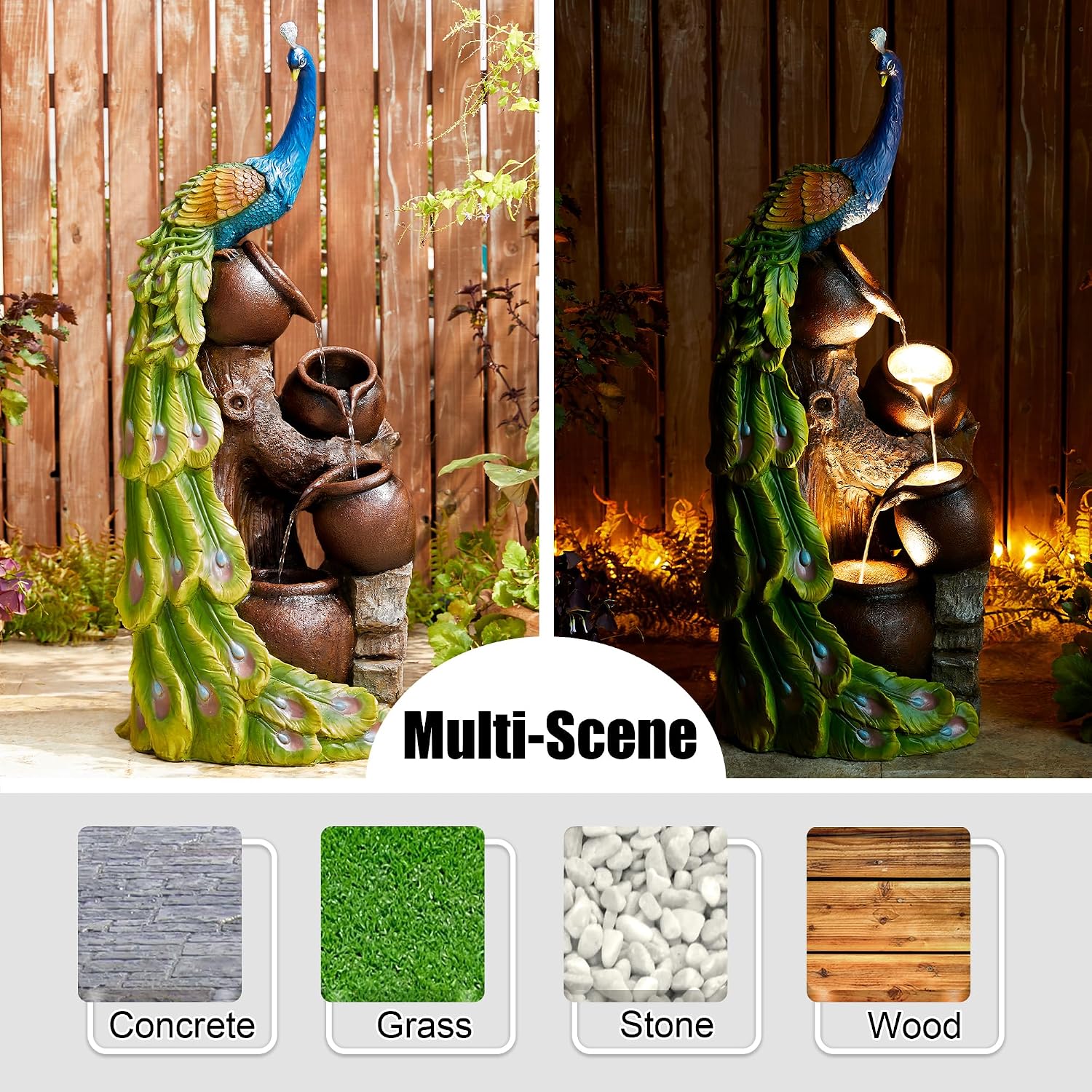 Glitzhome 4-Tier Oversized Peacock Sculpture with Jars Outdoor Water Fountain with LED Light, Resin Peacock Statue Waterfall Fountain with Submersible Pump for Garden Patio Porch, 40'H