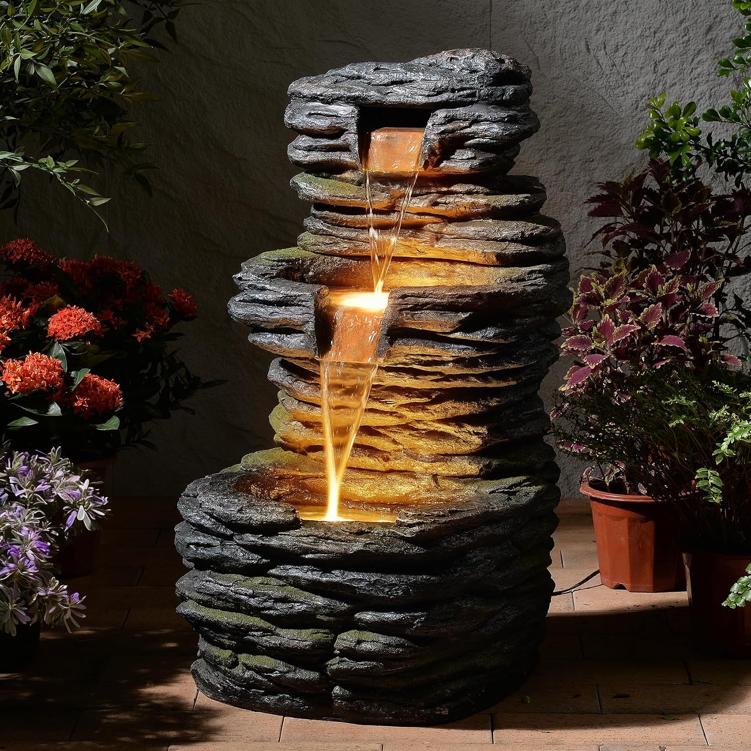 28.8' Tall Rock Water Fountain Outdoor Garden, 3-Tiers Cascading Rock Natural Waterfall Fountains with LED Lights, Indoor Resin Water Feature Fountain for Patio, Backyard, Deck, Porch