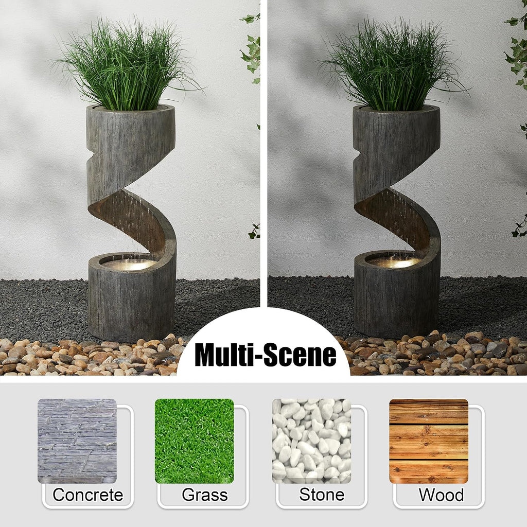 Glitzhome Outdoor Fountain with LED Light, Spiral Water Fountain Outdoor with Stone Planter, Modern Curved Waterfall Fountains Water Feature for Garden Patio, 31.3'H