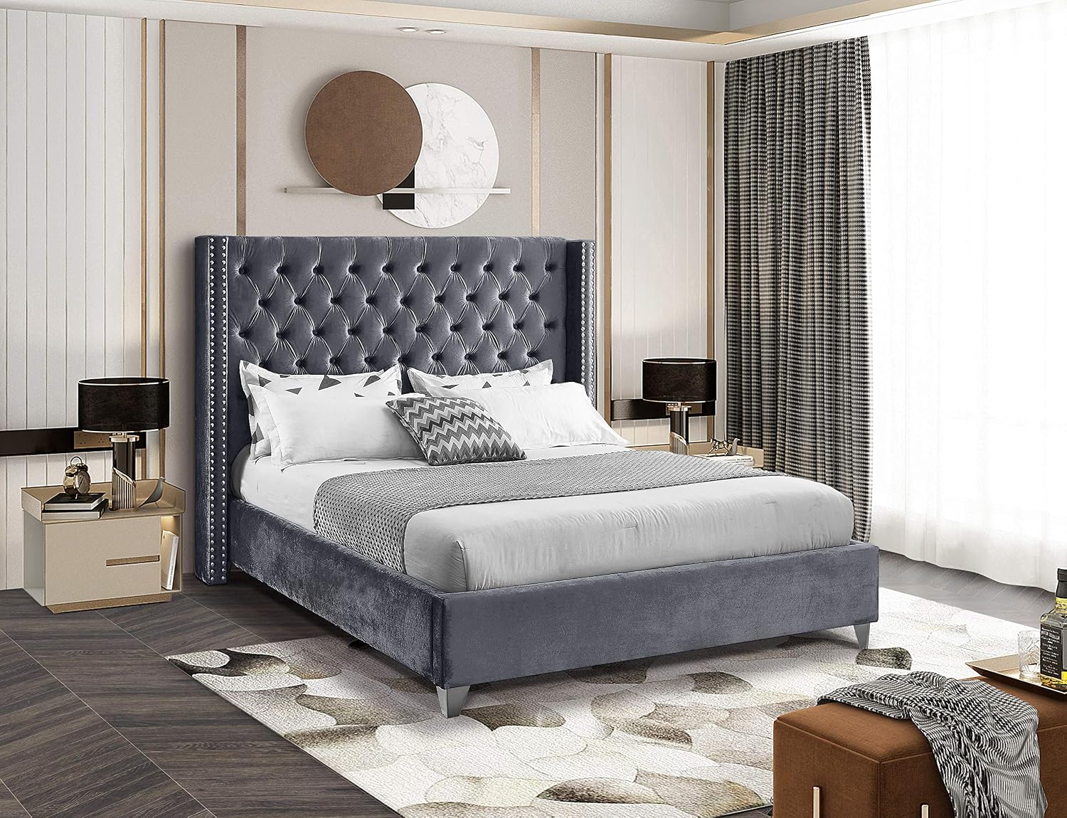 Meridian Furniture Aiden Collection Modern | Contemporary Velvet Upholstered Bed with Deep Button Tufting, Solid Wood Frame, and Custom Chrome Legs, King, Grey