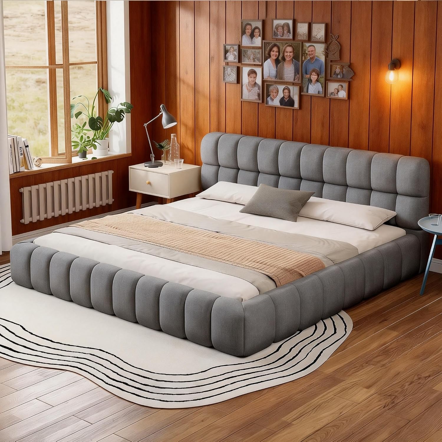 King Size Modern Cloud Bed,King Size Upholstered Platform Bed with Thick Fabric, Grounded Bed with Solid Frame,Floor Bed Frame (Gray)