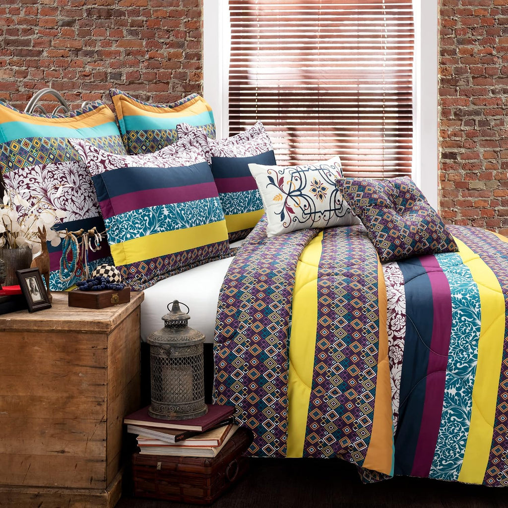 Lush Decor Boho Stripe Oversized Reversible 7 Piece Comforter Set, Full/Queen, Plum & Yellow