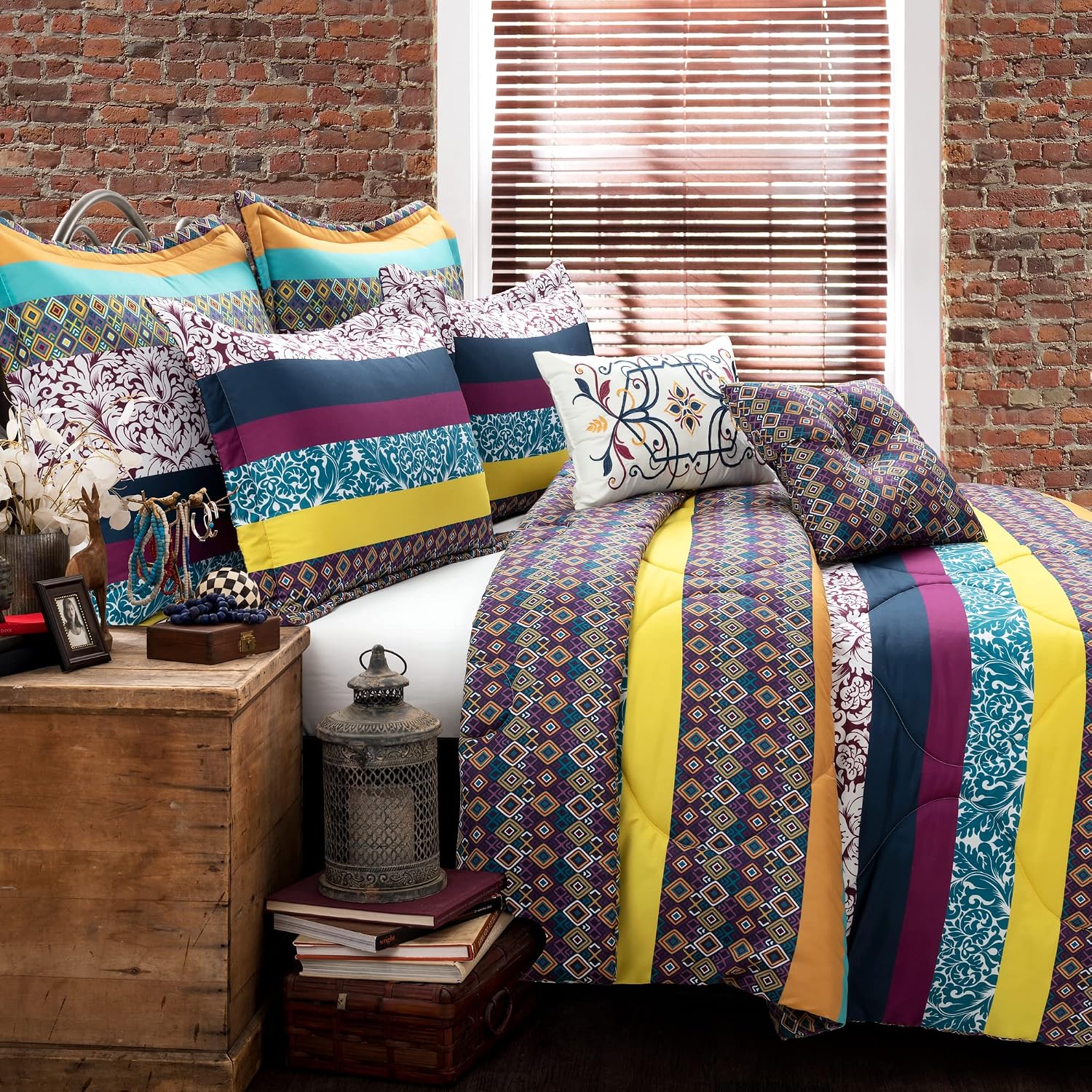 Lush Decor Boho Stripe Oversized Reversible 7 Piece Comforter Set, Full/Queen, Plum & Yellow