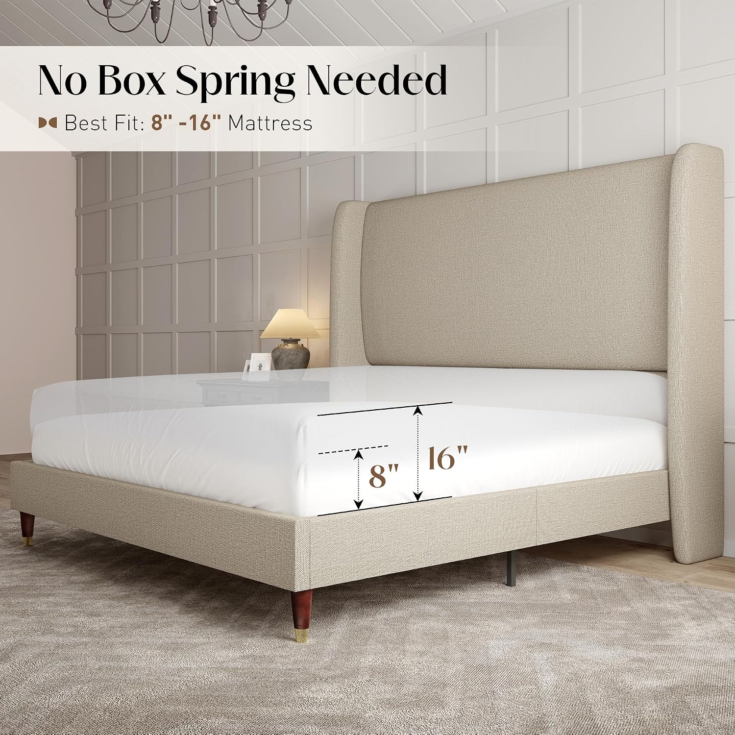 PaPaJet King Bed Frame with 51.2' Tall Wingback Headboard,Line Upholstered Platform Bed,Solid Wood Legs,No Box Spring Needed,Noise-Free&Easy Assembly,for Master Bedroom & Luxury Home,Light Khaki