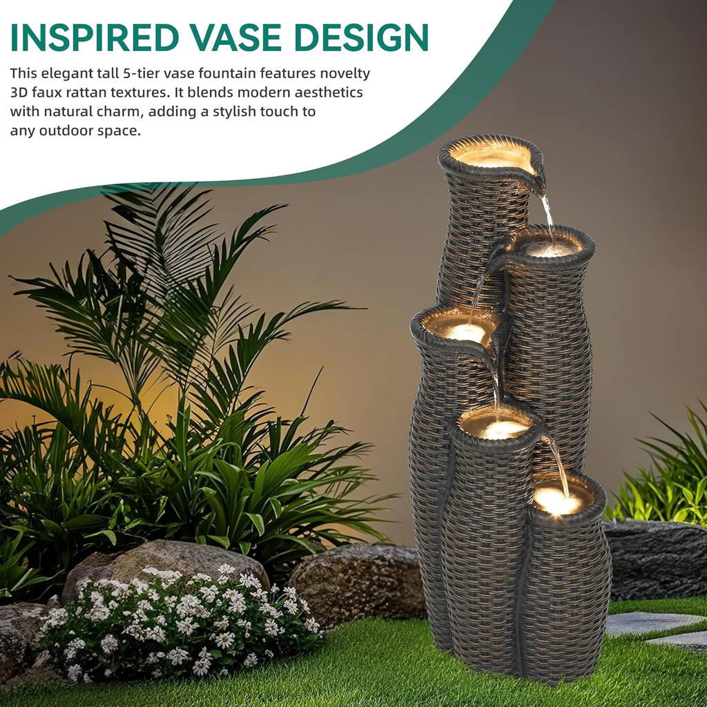 Faux Rattan Vase Water Fountain Outdoor with LED Lights, 5-Tier Polyresin Cascading Waterfall Feature, Tranquil Oasis for Garden, Patio, Yard, or Porch