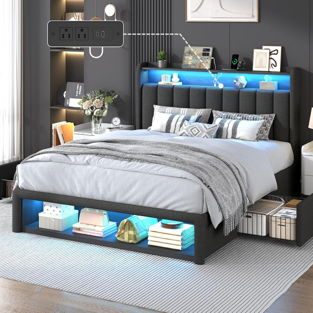 ChicZhiNest Queen Size Platform Bed Frame with Charging Station, LED Storage Headboard with 2-Tier Shelves and Drawers on Wheels, Strong Wooden Slats & Large Footboard Cubbies, Noise Free, Dark Gray