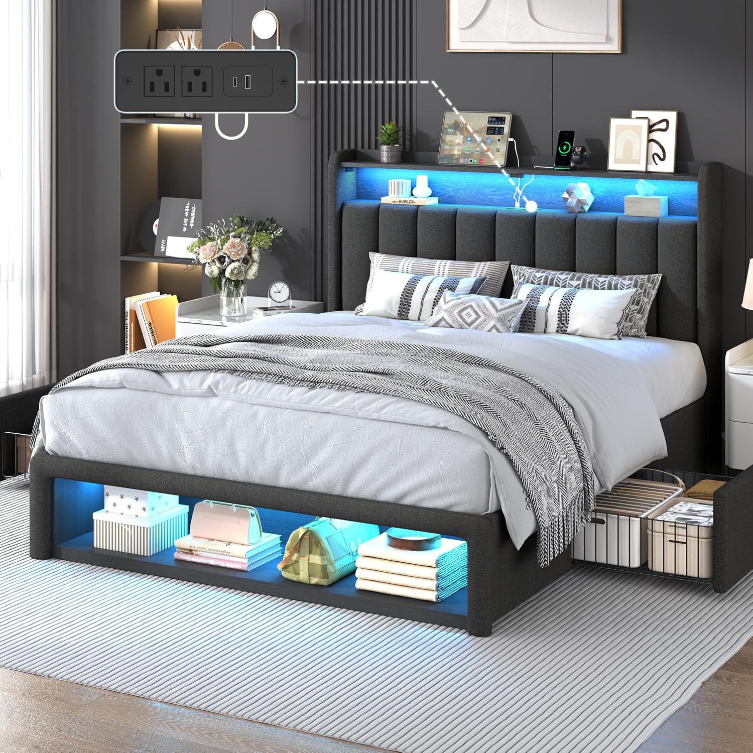 ChicZhiNest Queen Size Platform Bed Frame with Charging Station, LED Storage Headboard with 2-Tier Shelves and Drawers on Wheels, Strong Wooden Slats & Large Footboard Cubbies, Noise Free, Dark Gray