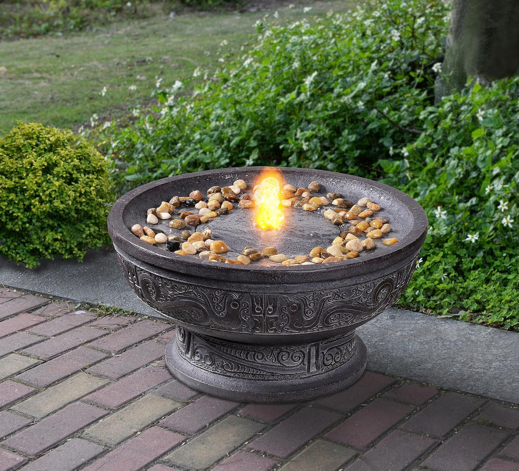 GOSSI Outdoor Water Fountain with Led Light Decorative Pedestal Bowl Design with River Stones Home Decoration, Modern Garden Fountain for Patio Decor