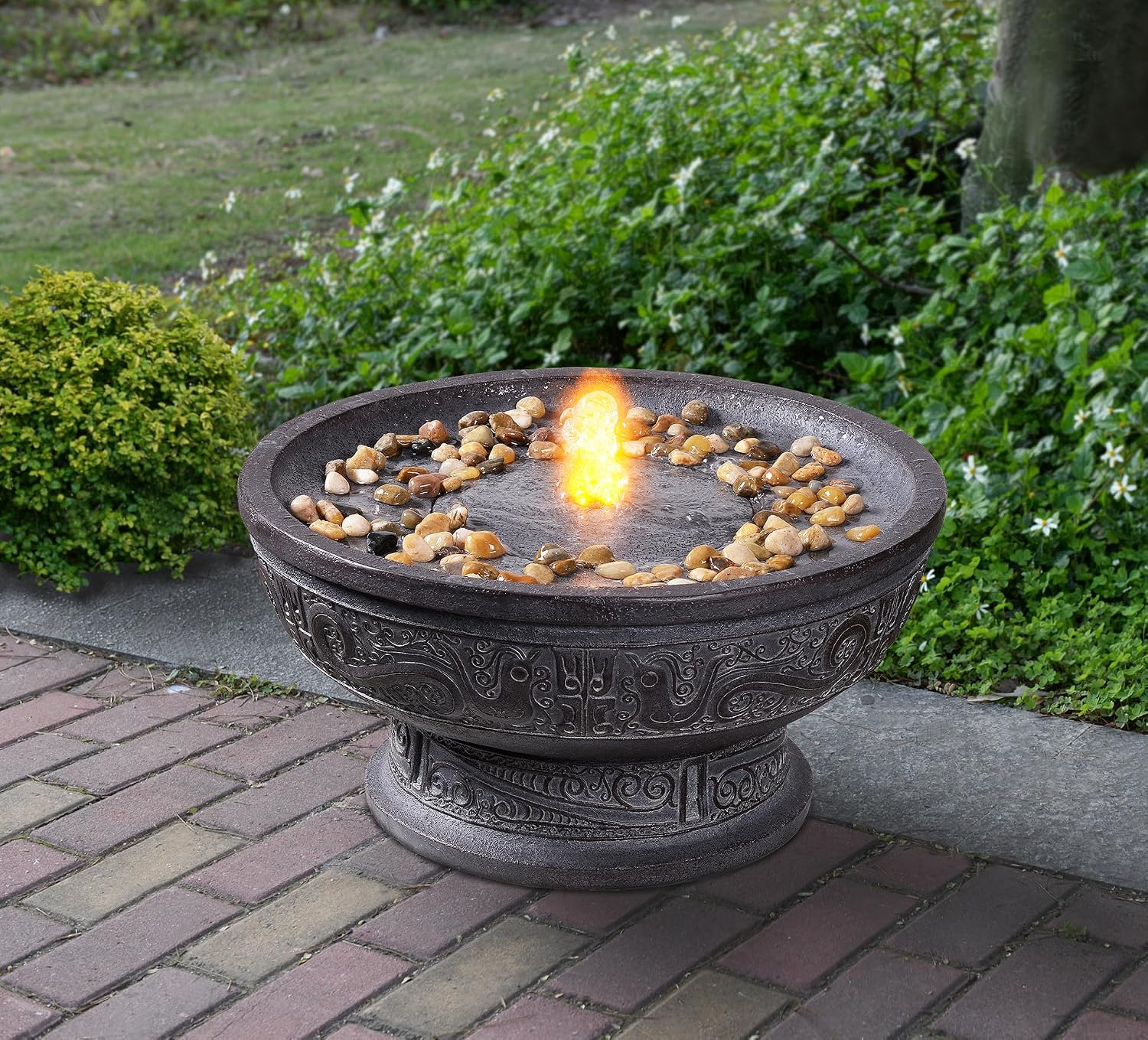 GOSSI Outdoor Water Fountain with Led Light Decorative Pedestal Bowl Design with River Stones Home Decoration, Modern Garden Fountain for Patio Decor
