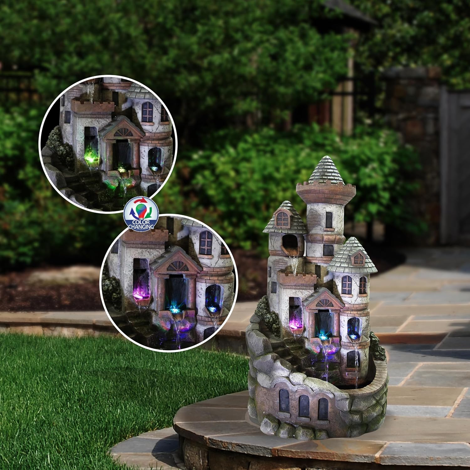 Alpine Corporation USA1368 Outdoor Floor Tiered Fairy Castle Water Fountain with Color Changing LED Lights, 35', Brown