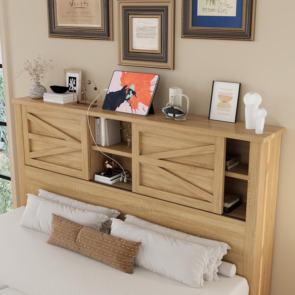 LUMISOL 3 Pieces Bedroom Sets,Farmhouse Platform Bed with Storage Nightstand and Dresser, Queen Size Bed Frame with Storage Headboard and Charging Station, Natural
