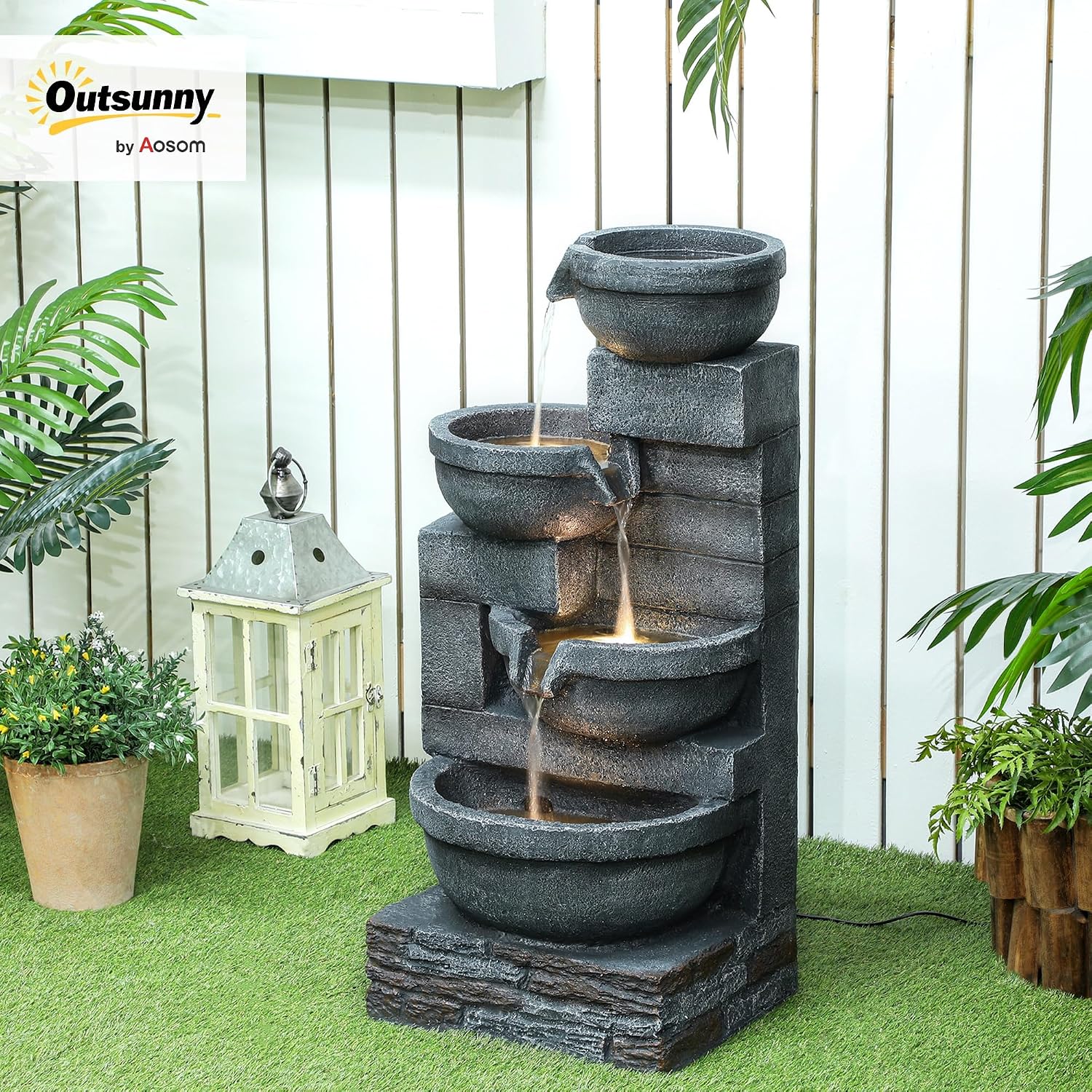 Outsunny 30' Tall Outdoor Waterfall Fountain with LED Lights, 4-Tier Resin Cascading Water Bowls with Pump, Gray