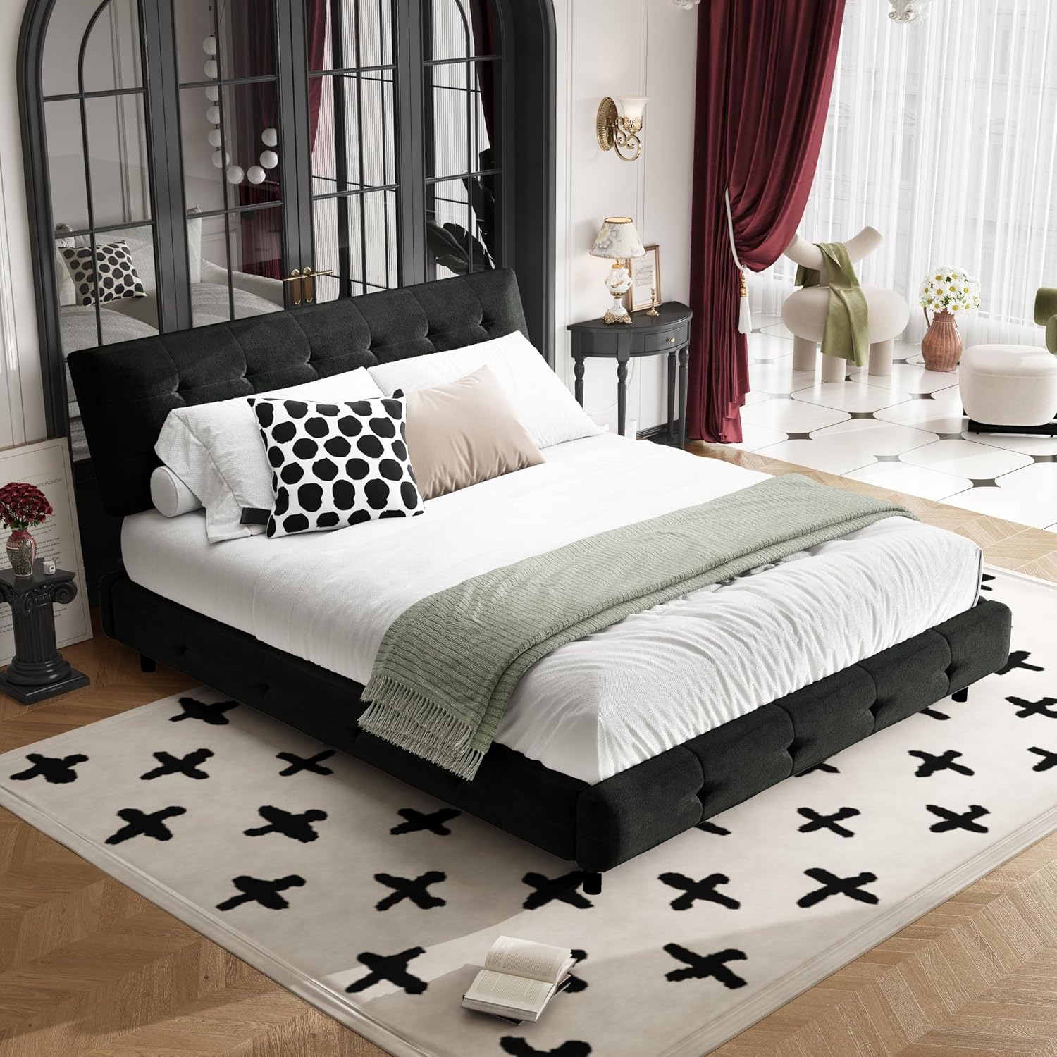 Queen Size Platform Bed Frame, Tufted Headboard with Extra-Large Ultra-Soft Cloud Pillow Design, Chenille Platform Bed with Metal and Wooden Slats Double Support, No Box Spring Needed (Black-Queen,7)