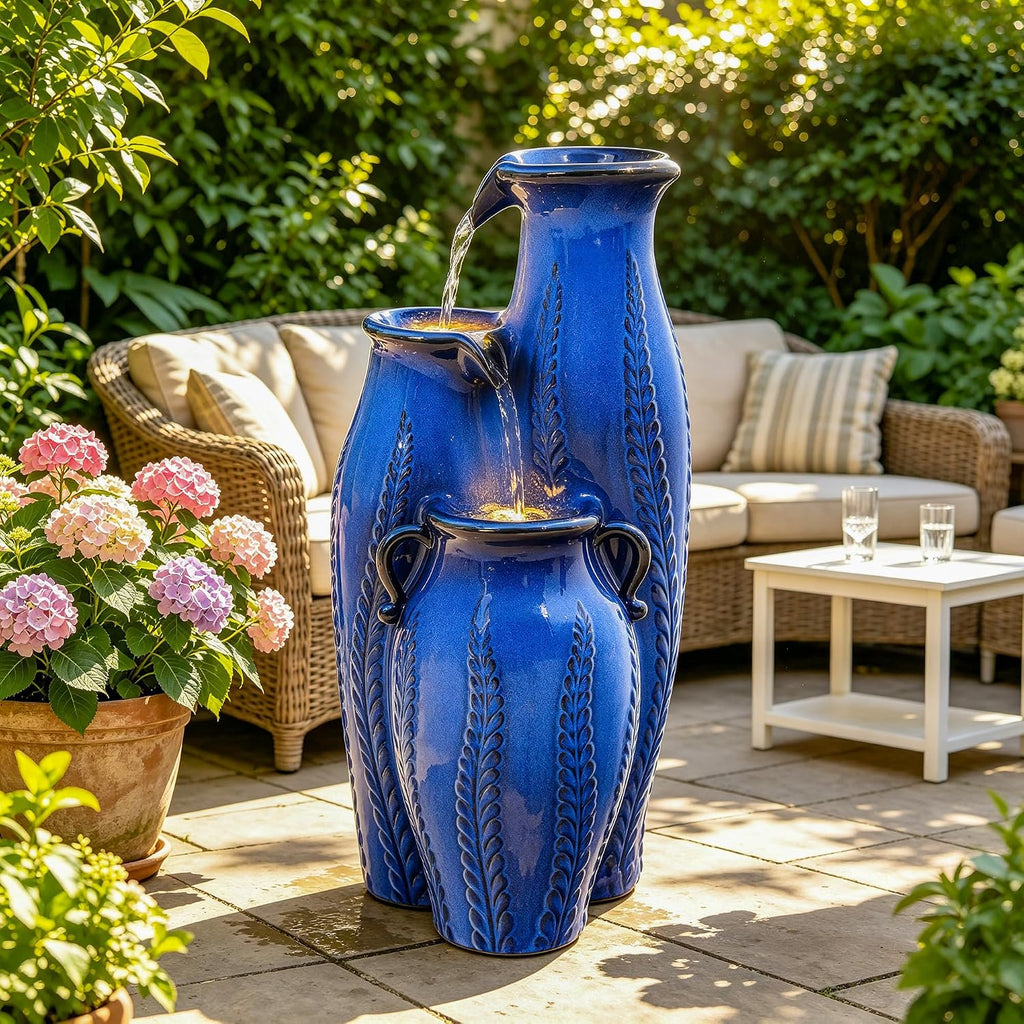 29.5' H Ceramic Outdoor Water Fountain with LED Lights, 3-Tier Vase Cascading Water Feature, Cobalt Blue with Embossed Leaf Patterns, Tranquil Waterfall for Garden, Patio, Yard, or Porch