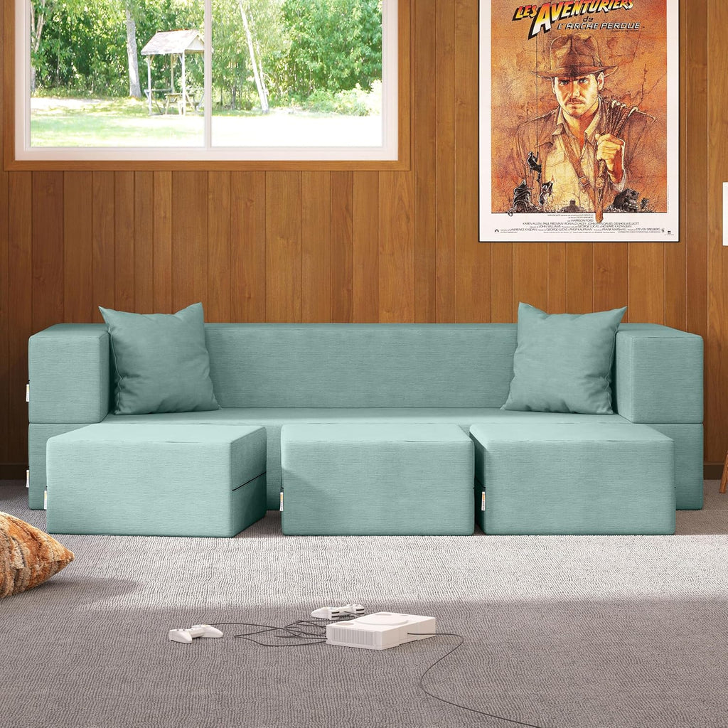 Jaxx Zipline Convertible Sleeper Sofa & Three Ottomans/California King-Size Bed, Textured Microvelvet - Caribbean