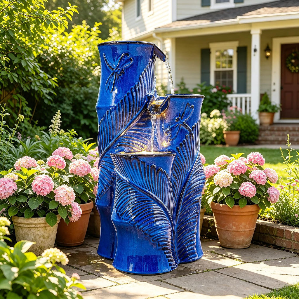 Ceramic Outdoor Water Fountain with LED Lights, 25.5' H 3-Tier Bamboo-Style Cascading Waterfall, Tropical Leaf & Dragonfly Textured Water Feature for Garden Patio Yard Relaxation Oasis