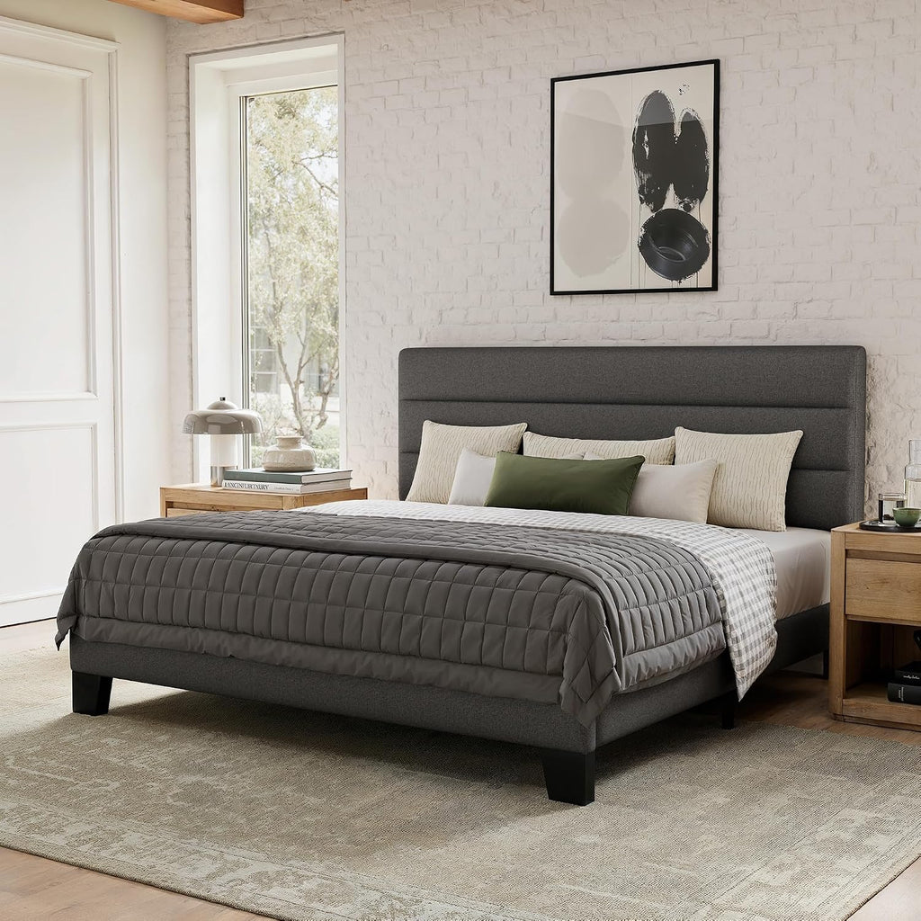GOLDORO Full Size Bed Frame with Headboard, Upholstered Platform Bed, Wooden Slats Support, No Box Spring Needed, Easy Assembly, Dark Grey