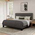 GOLDORO Full Size Bed Frame with Headboard, Upholstered Platform Bed, Wooden Slats Support, No Box Spring Needed, Easy Assembly, Dark Grey