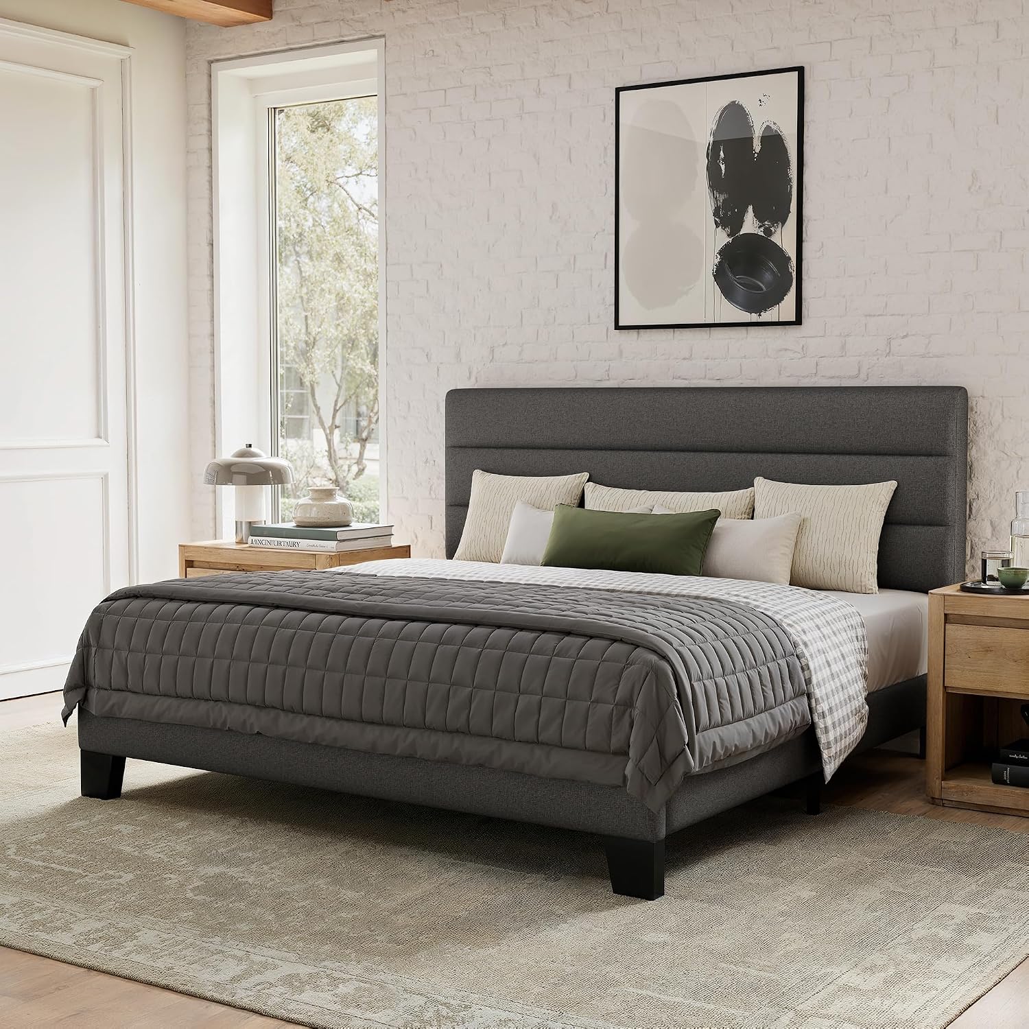GOLDORO Full Size Bed Frame with Headboard, Upholstered Platform Bed, Wooden Slats Support, No Box Spring Needed, Easy Assembly, Dark Grey