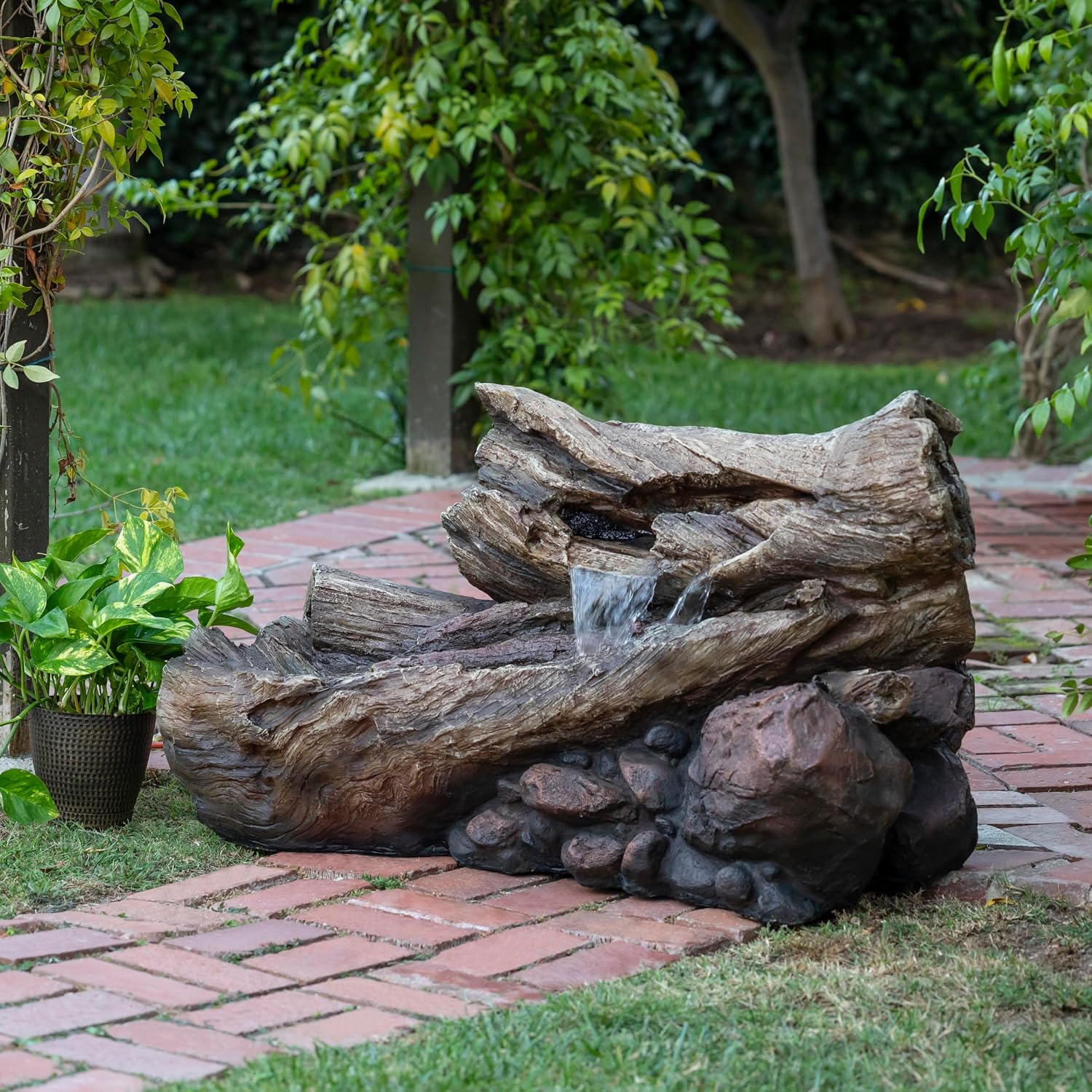 Alpine Corporation 24' Tall Outdoor 2-Tier Fallen Tree Trunk Water Fountain with LED Lights, Rustic Cascading Design for Garden, Patio & Yard Decor, Beige